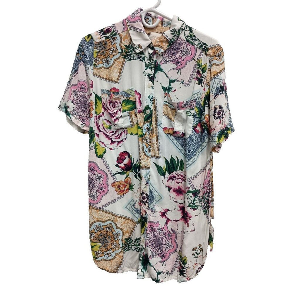 Chicos Womens Tunic Top Medium Multi Floral Tiles Soft Cottagecore Button Up